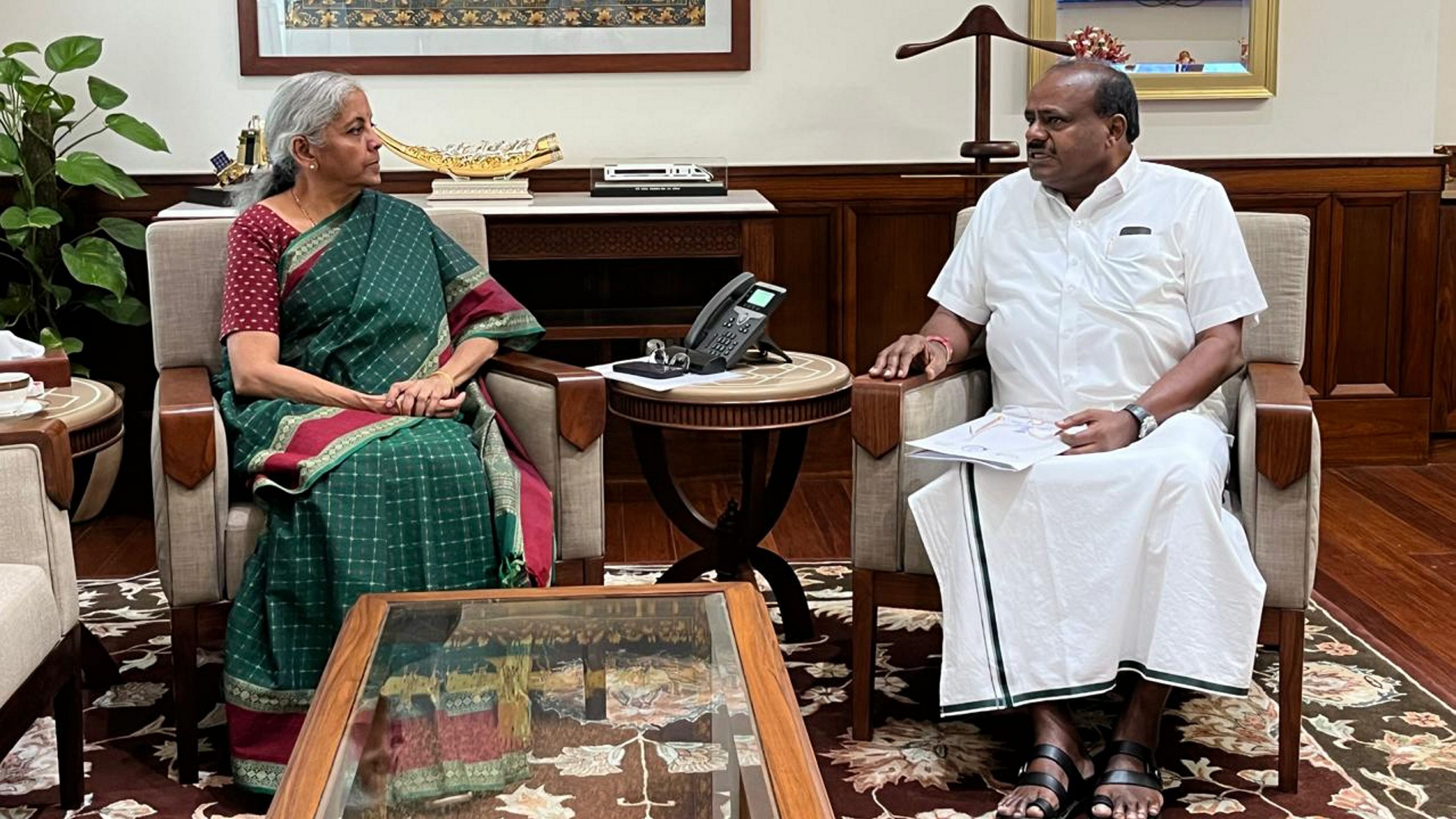 <div class="paragraphs"><p>Union Minister of Steel &amp; Heavy Industries HD Kumaraswamy calls on Union Finance Minister Nirmala Sitharaman, at Parliament House in New Delhi.</p></div>