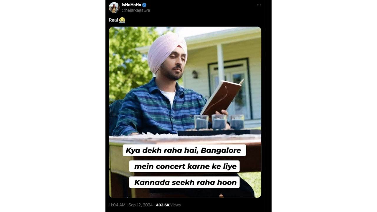 <div class="paragraphs"><p>A meme depicted Diljit Dosanjh studying Kannada for his upcoming concert in December in Bengaluru. </p></div>