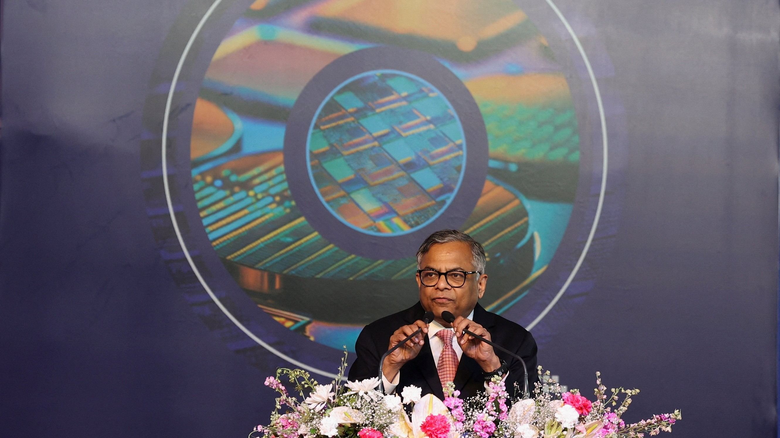 <div class="paragraphs"><p>File Photo: N. Chandrasekaran, Chairman, Tata Sons speaks during the foundation stone laying ceremony for India's First AI-enabled Semiconductor Fab manufacturing facilities in Dholera, Gujarat, India</p></div>