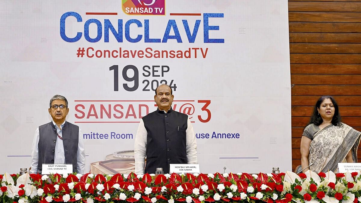 <div class="paragraphs"><p>Om Birla with other dignitaries during the inaugural session of Sansad TV@3 Conclave in New Delhi.&nbsp;</p></div>