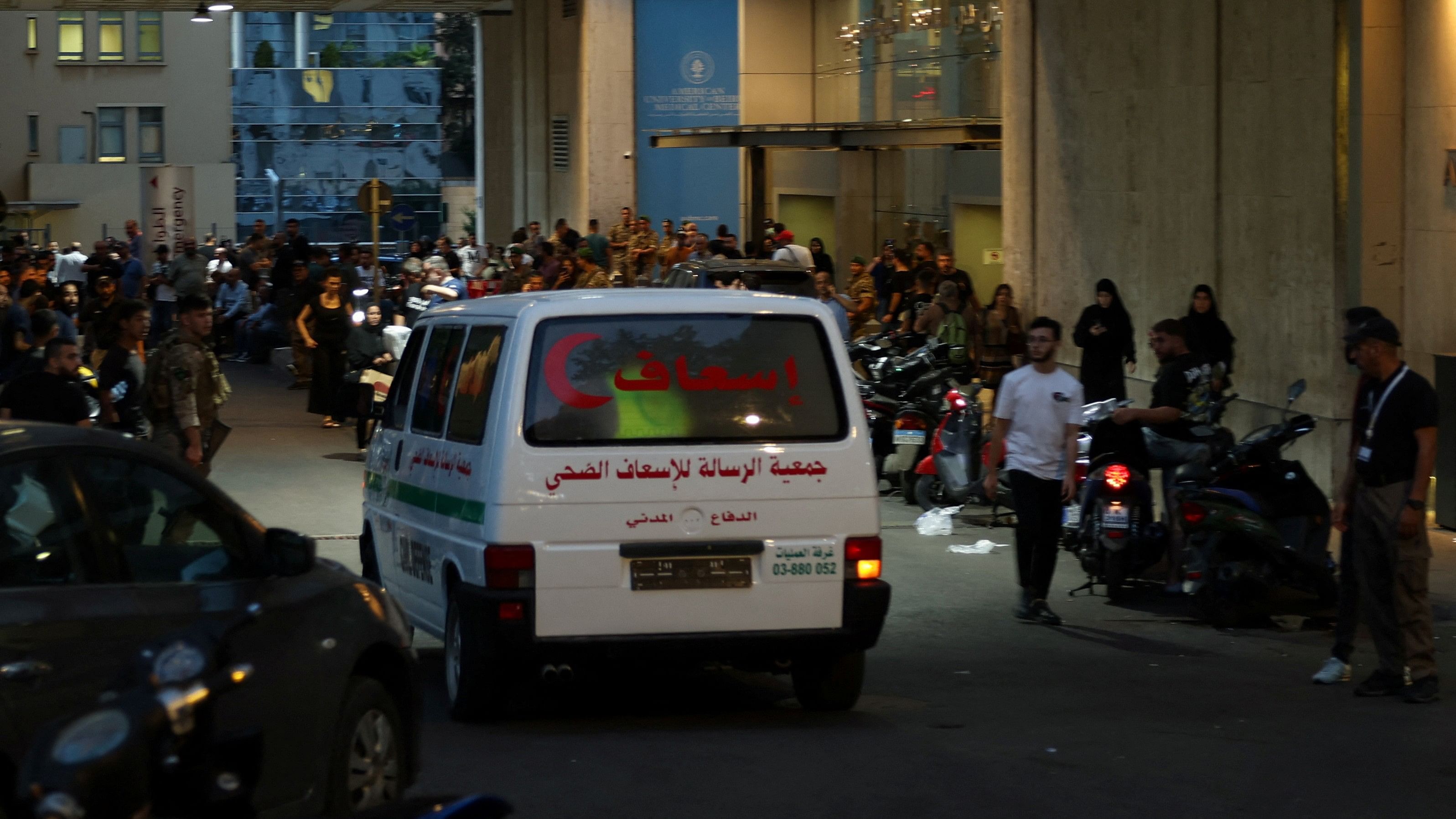 <div class="paragraphs"><p>An ambulance arrives at AUBMC in Beirut, after hand-held radios used by Hezbollah detonated on Wednesday across Lebanon.</p></div>