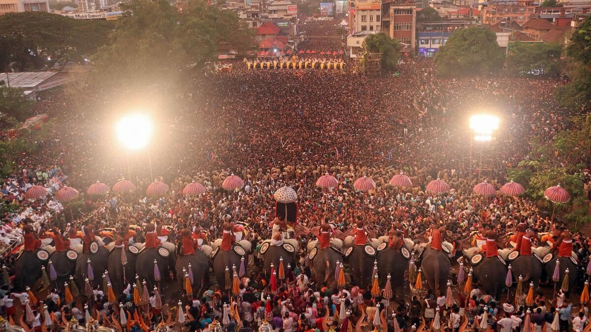 <div class="paragraphs"><p>Devotees during a procession of the Thrissur Pooram festival,</p></div>