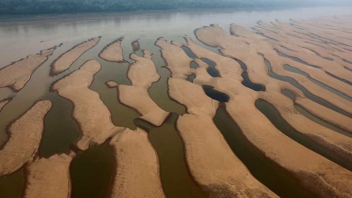 <div class="paragraphs"><p>Sandbanks are seen at the Solimoes River, one of the largest tributaries of the Amazon River, during a Greenpeace flyover to inspect the most intense and widespread drought Brazil has experienced since records began in 1950, near Tefe, Amazonas state, Brazil September 17, 2024.</p></div>