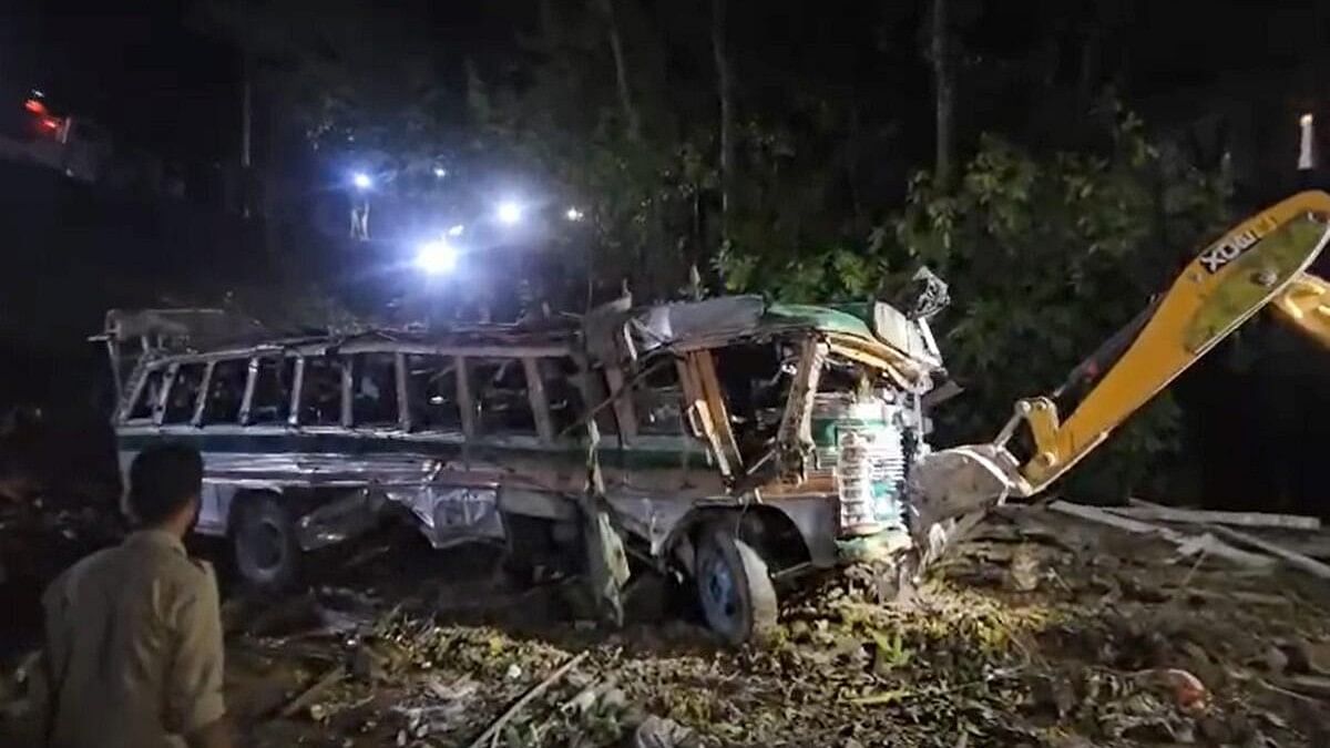 <div class="paragraphs"><p>Wreckage of the bus which was carrying BSF personnel for election duty.</p></div>