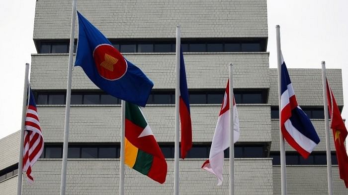 <div class="paragraphs"><p>Flags are seen outside the Association of Southeast Asian Nations (ASEAN) secretariat building, ahead of the ASEAN leaders' meeting in Jakarta. </p></div>