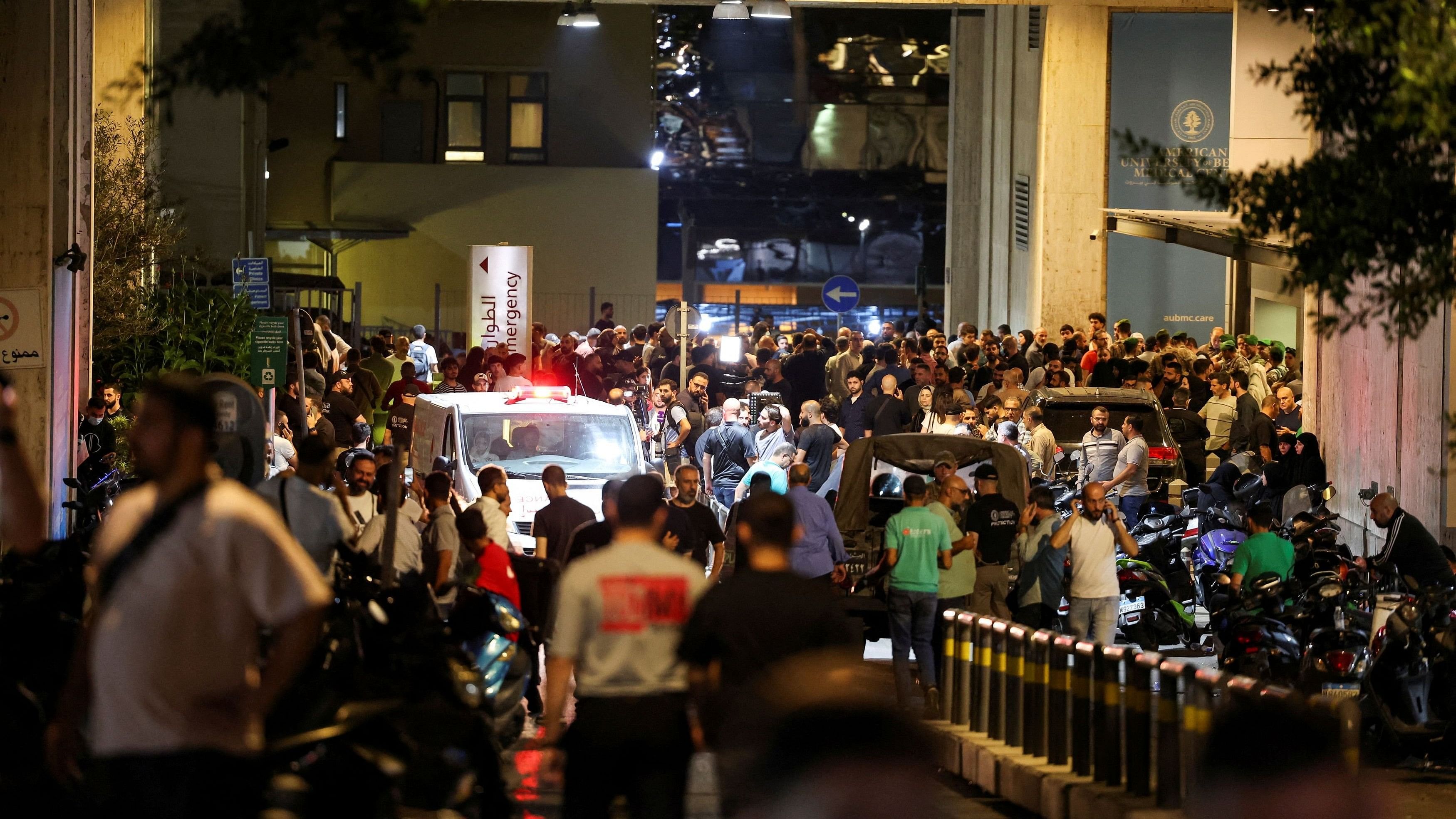 <div class="paragraphs"><p>People gather outside American University of Beirut Medical Center  as more than 1,000 people, including Hezbollah fighters and medics, were wounded when the pagers they use to communicate exploded across Lebanon, according to a security source, in Beirut, Lebanon September 17, 2024. </p></div>