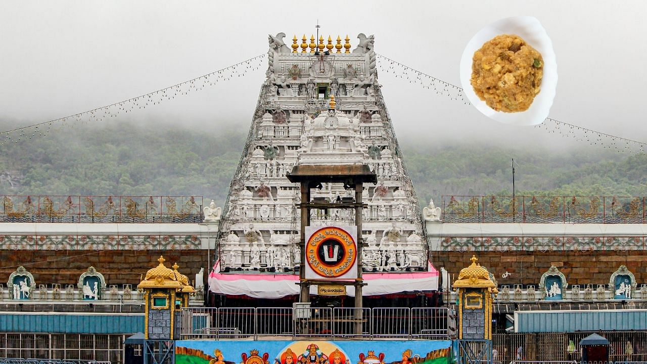 <div class="paragraphs"><p>Tirumala temple visible here with an inset image showing a laddu</p></div>