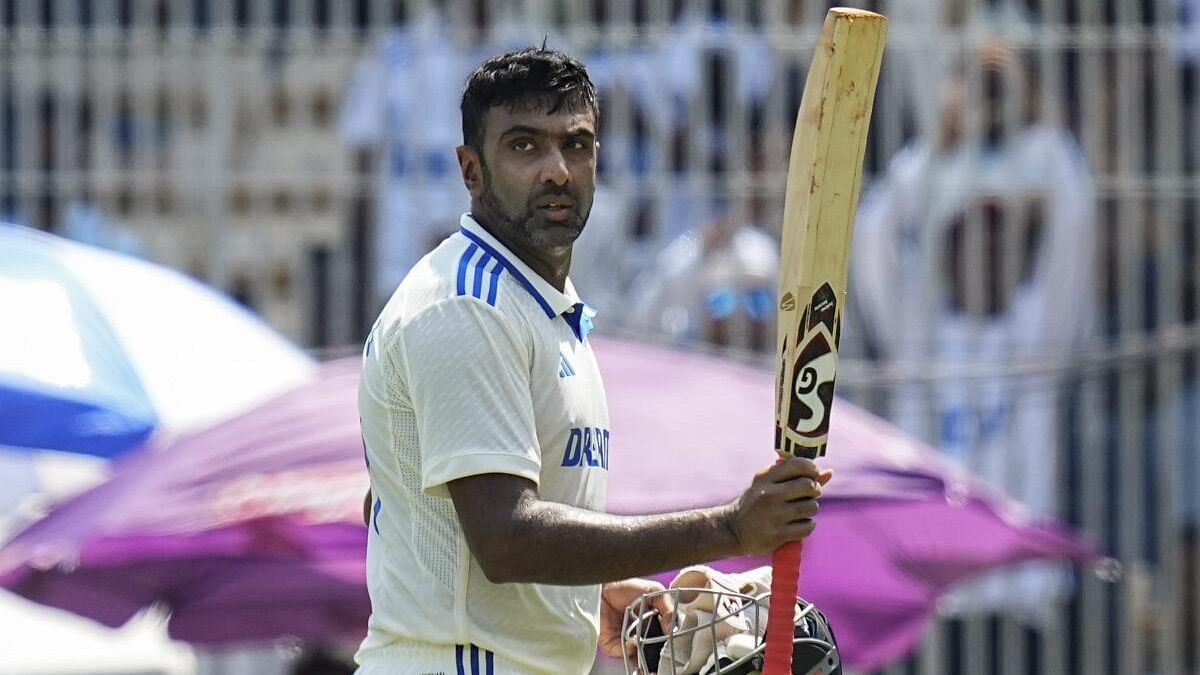 <div class="paragraphs"><p>R Ashwin celebrates after completing his century.&nbsp;</p></div>