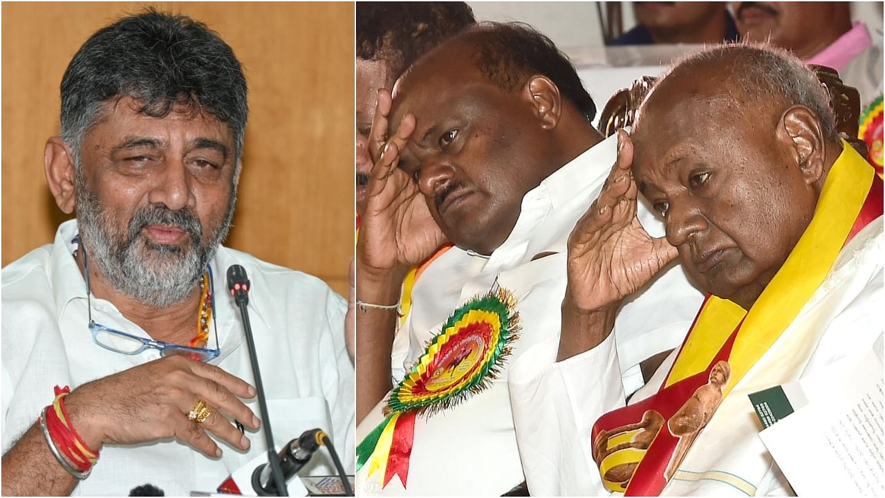 <div class="paragraphs"><p>Karnataka deputy CM D K Shivakuamr(L) and HD Kumaraswamy and HD Deve Gowda.&nbsp;</p></div>