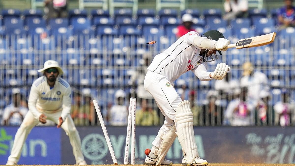 <div class="paragraphs"><p>Bangladesh's Taskin Ahmed being bowled by India’s Jasprit Bumrah on the second day of the first test cricket match between India and Bangladesh, at the MA Chidambaram Stadium, in Chennai, Friday, September 20, 2024. </p></div>