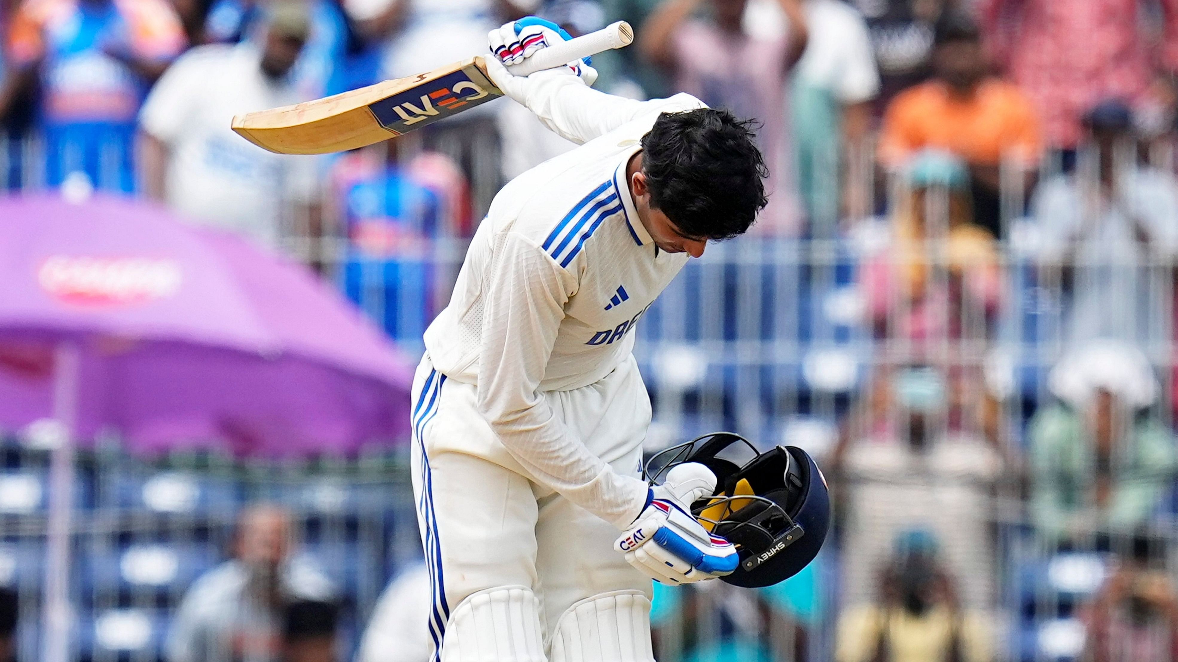 <div class="paragraphs"><p>Shubman Gill with his trademark celebration after bringing up his century on Saturday. </p></div>