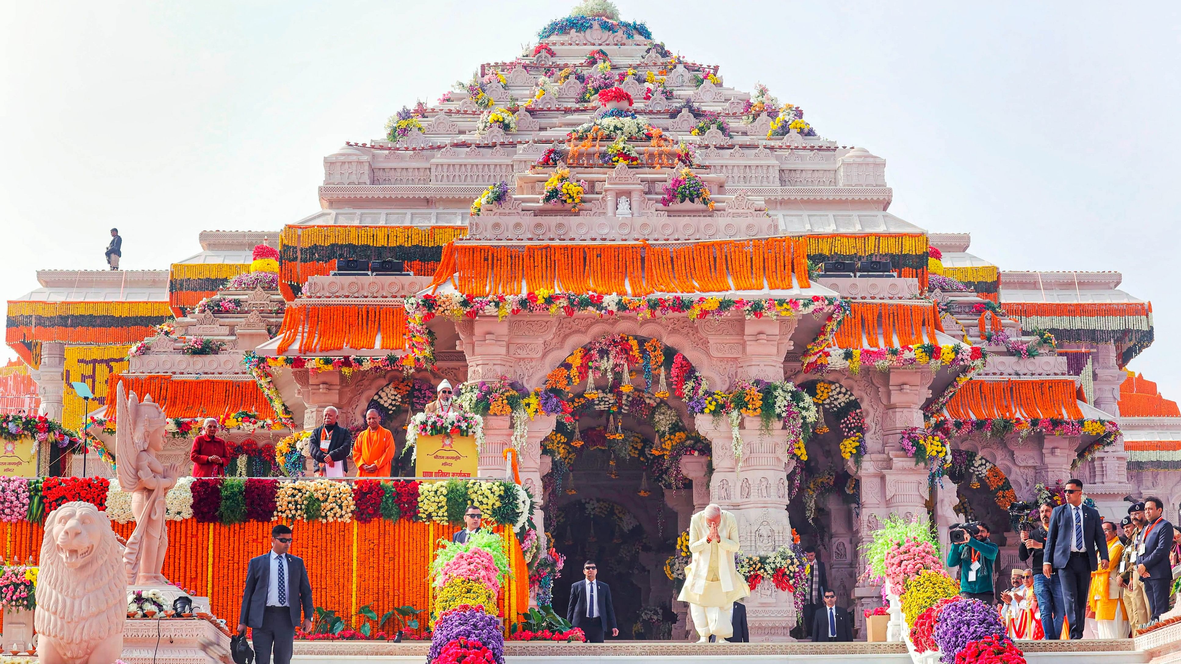 <div class="paragraphs"><p>Prime Minister Narendra Modi greets the invitees after the consecration ceremony of Ram Mandir, in Ayodhya, Monday, Jan. 22, 2024.</p></div>