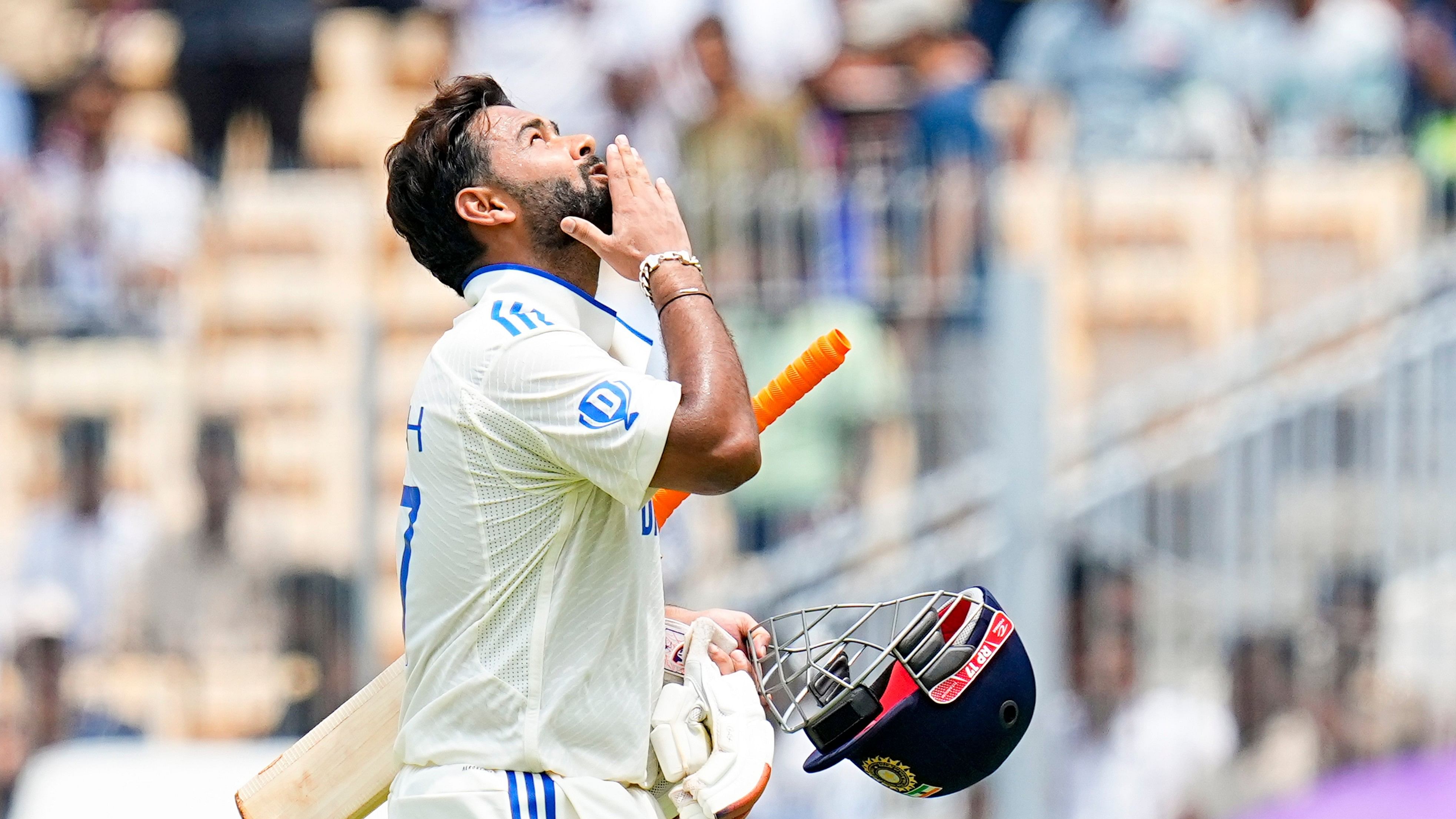 <div class="paragraphs"><p>India’s Rishabh Pant celebrates after scoring a century on the third day of the first Test against Bangladesh in Chennai on Saturday.</p></div>