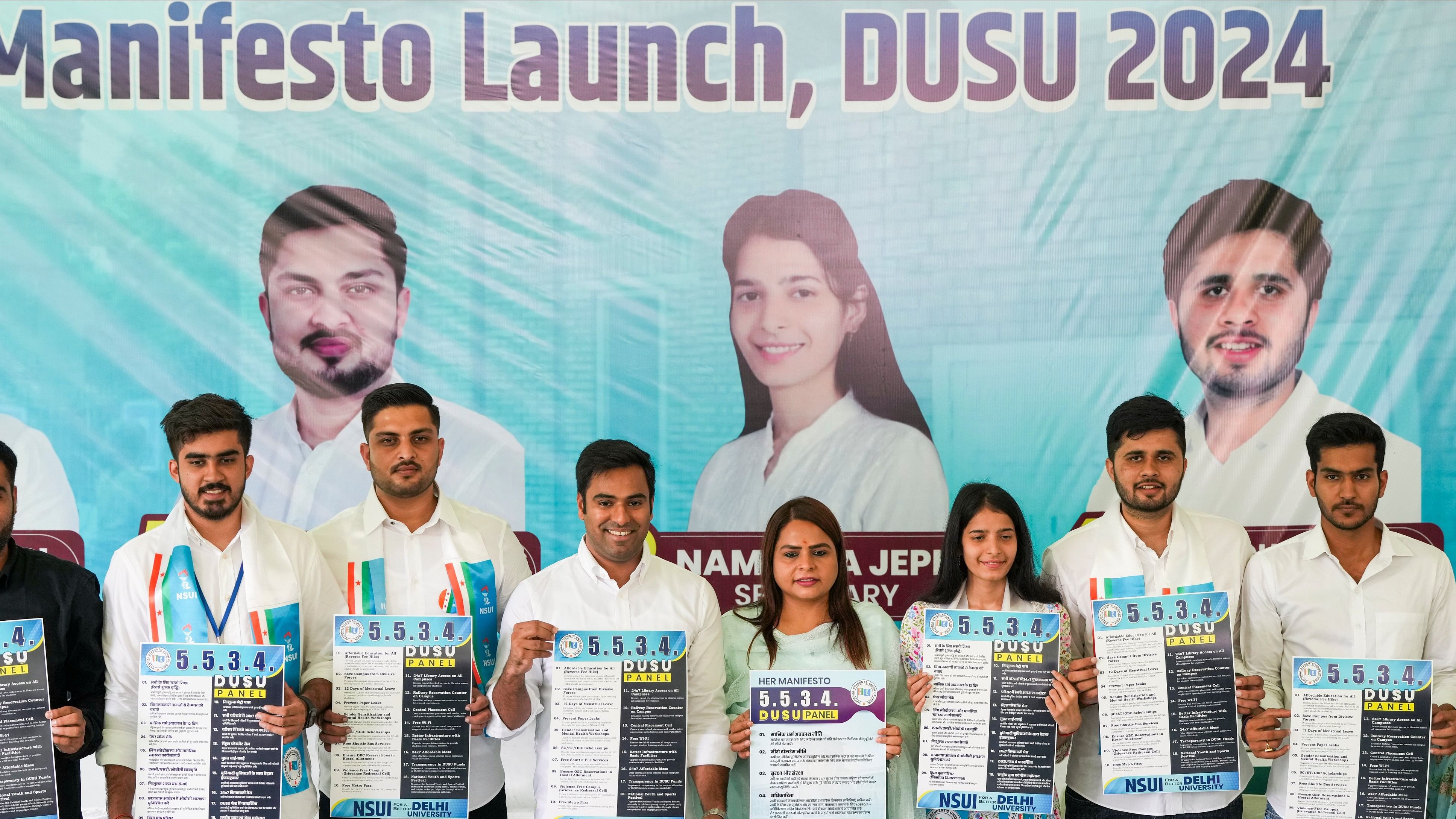 <div class="paragraphs"><p>Members of the National Students' Union of India (NSUI) during the launch of NSUI manifesto for the upcoming Delhi University Students' Union (DUSU) elections, in New Delhi. </p></div>