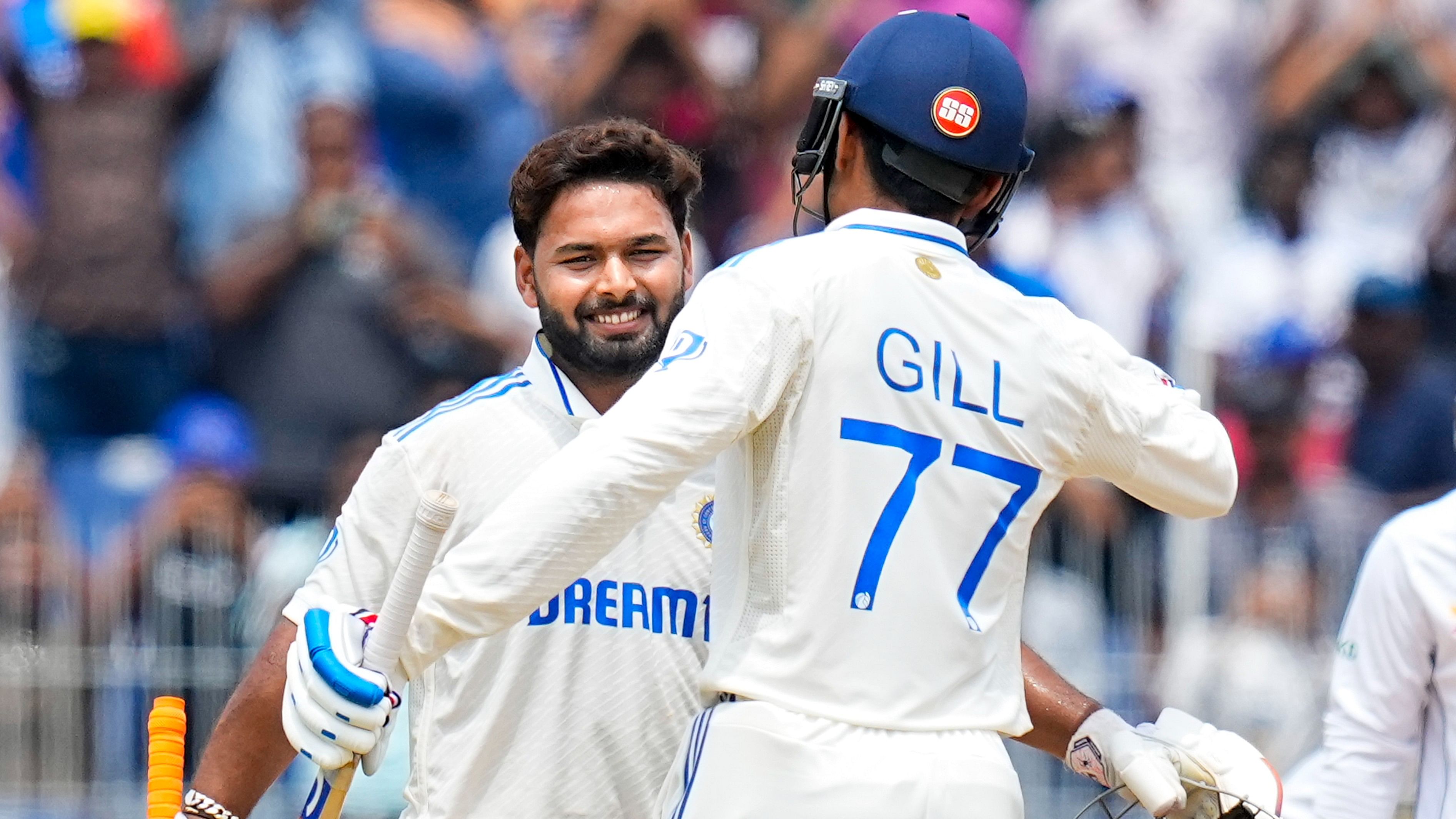 <div class="paragraphs"><p>Rishabh Pant celebrates his century with Shubman Gill on the third day of the first test cricket match between India and Bangladesh</p></div>