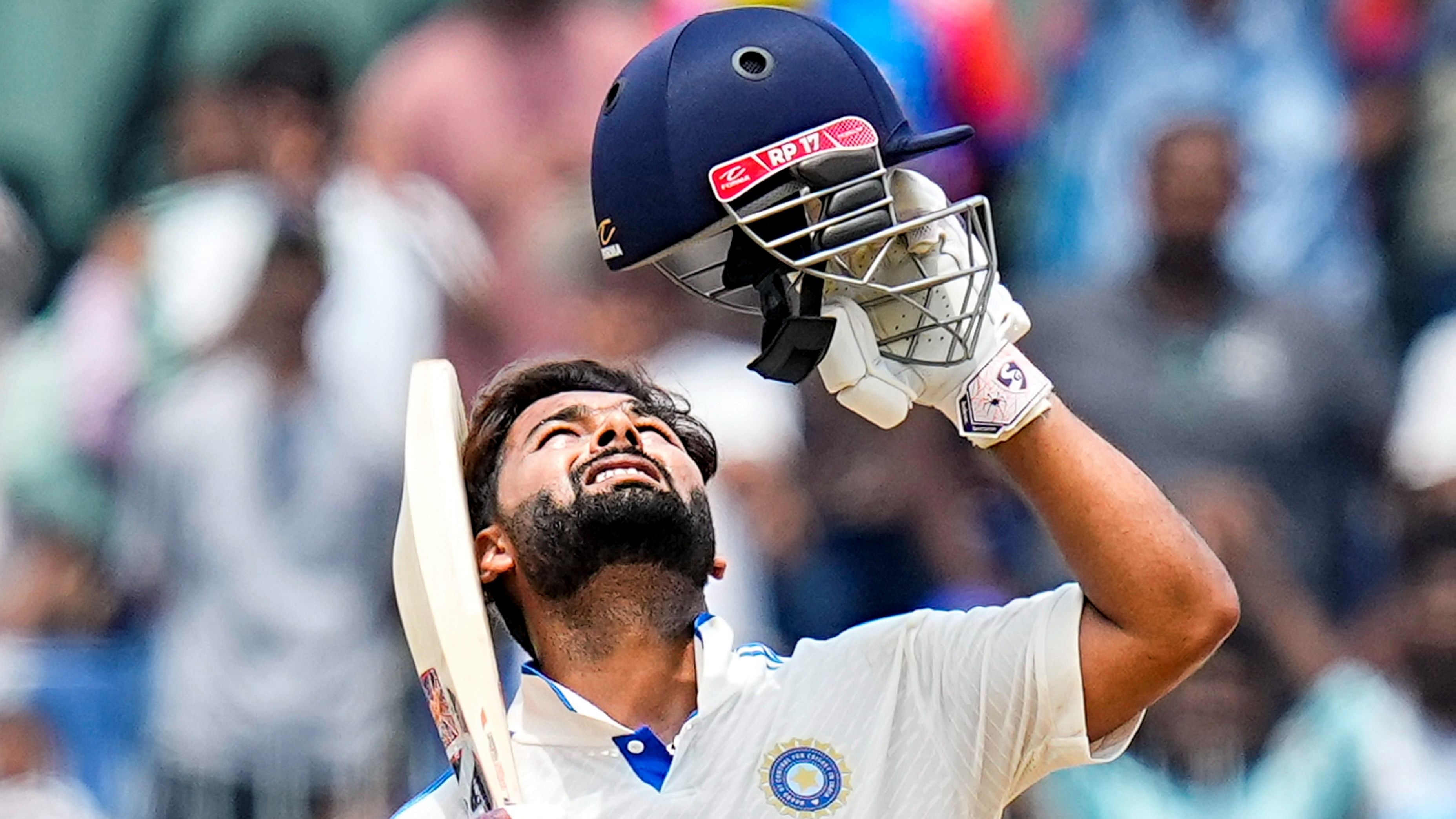 <div class="paragraphs"><p>Rishabh Pant celebrates his century on the third day of the first test cricket match between India and Bangladesh, at the MA Chidambaram Stadium, in Chennai, Saturday.</p></div>