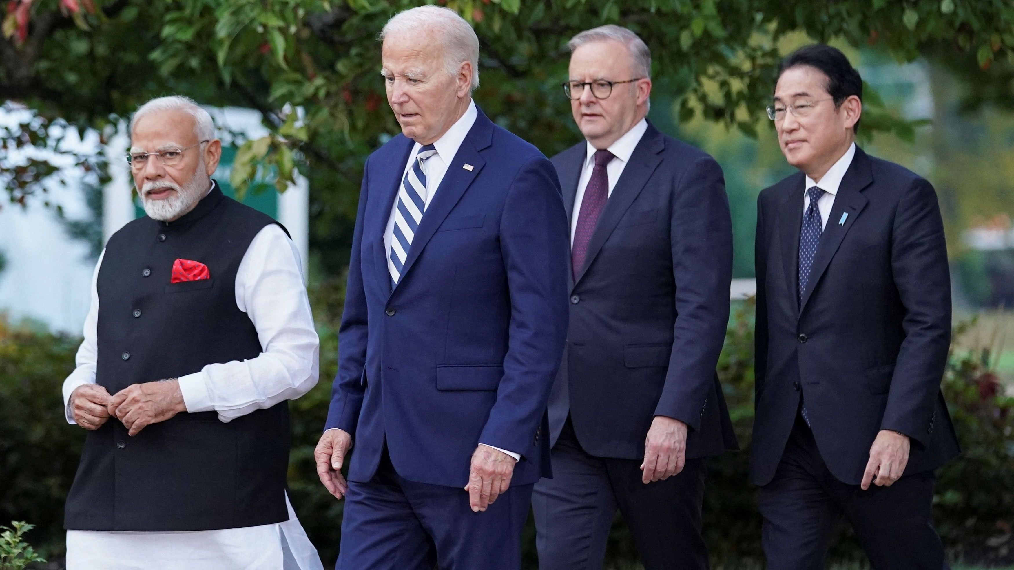 <div class="paragraphs"><p>US President Joe Biden, Japan's Prime Minister Fumio Kishida, Australia's Prime Minister Anthony Albanese and India's Prime Minister Narendra Modi arrive for a Cancer Moonshot announcement at the Quad leaders summit in Claymont, Delaware, US, September 21, 2024. </p></div>