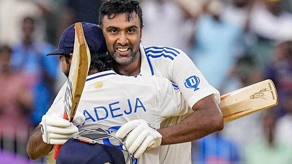 <div class="paragraphs"><p>India’s Ravichandran Ashwin celebrates his century with teammate Ravindra Jadeja during the first day of the first test cricket match between India and Bangladesh, at the MA Chidambaram Stadium, in Chennai.&nbsp;</p></div>