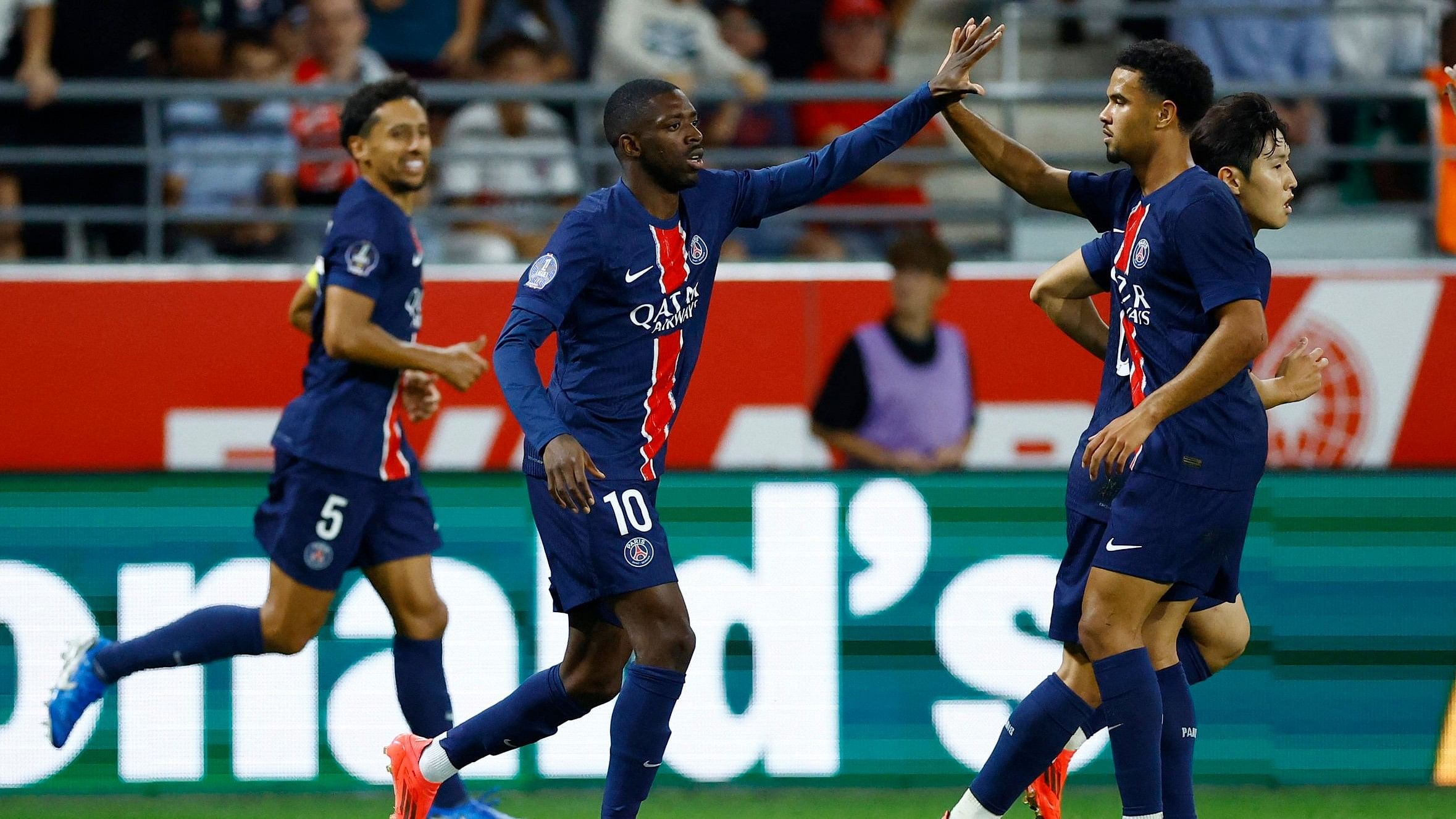 <div class="paragraphs"><p> Paris St Germain's Ousmane Dembele celebrates scoring their first goal  </p></div>