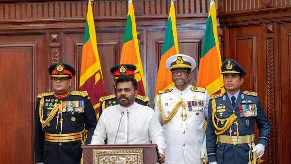 <div class="paragraphs"><p>Sri Lanka's newly elected President Anura Kumara Dissanayake addresses a gathering after taking his oath of office at the Presidential Secretariat, in Colombo, Sri Lanka, September 23, 2024. </p></div>