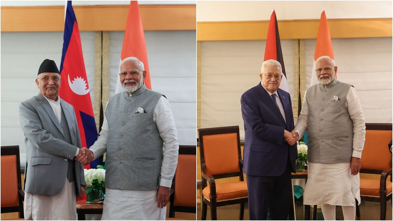 <div class="paragraphs"><p>PM Modi with Nepal's K P Sharma Oli and Palestinian President Mahmoud Abbas.&nbsp;</p></div>