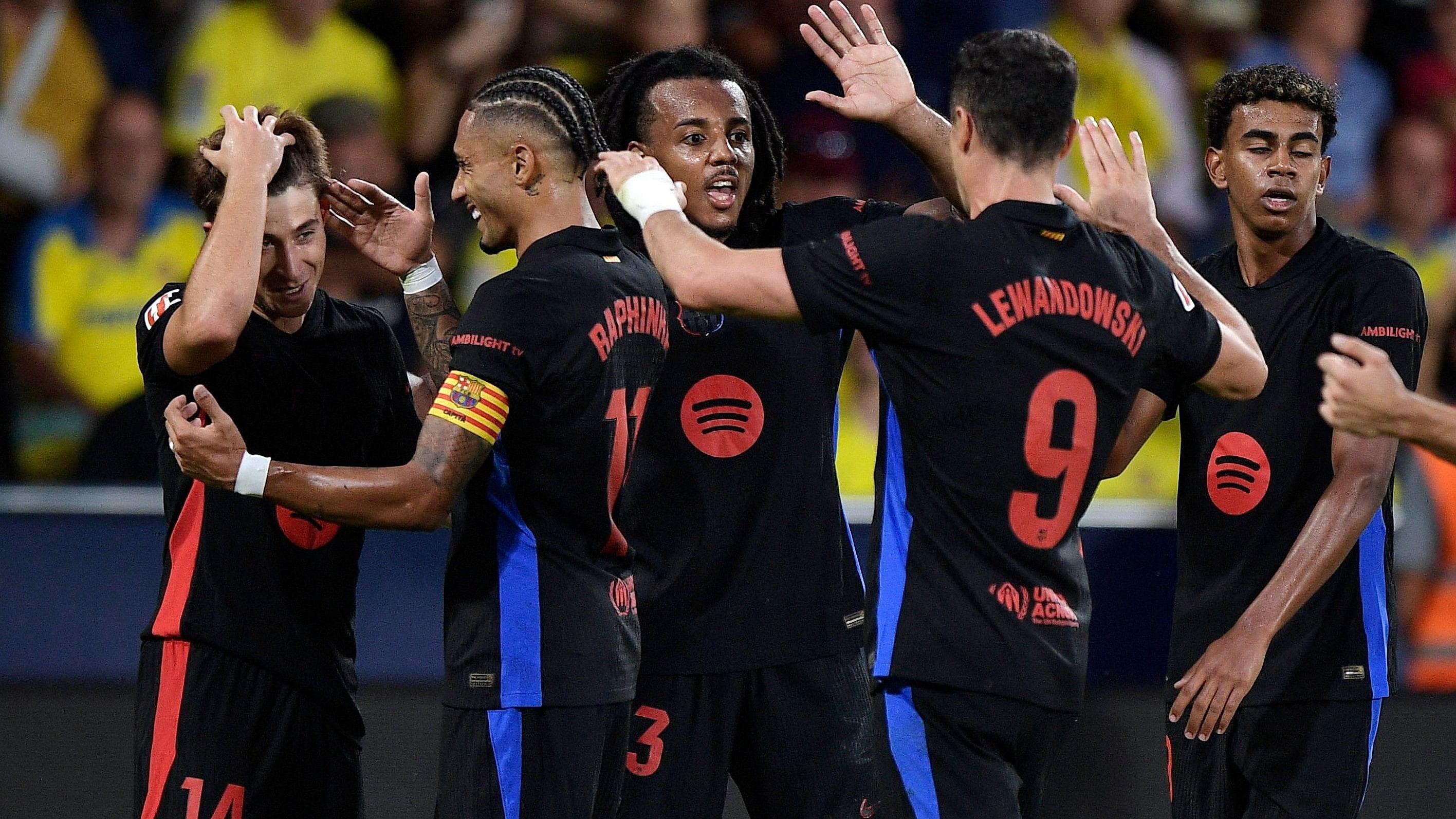 <div class="paragraphs"><p> FC Barcelona's Pablo Torre celebrates scoring their third goal with Raphinha, Jules Kounde, Robert Lewandowski and Lamine Yamal.</p></div>