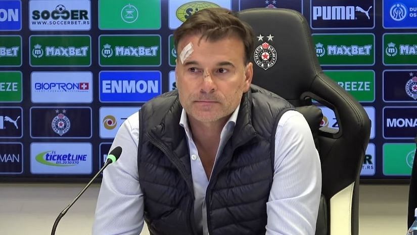 <div class="paragraphs"><p>Partizan manager Aleksandar Stanojevic with bruises on his face after Partizan fans were throwing objects &amp; trashed the dressing room after the 4-0 loss to Crvena zvezda in the Belgrade Derby. <br></p></div>