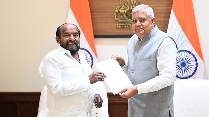 <div class="paragraphs"><p>Rajya Sabha Chairman Jagdeep Dhankhar accepting the resignation of Krishnaiah.</p></div>