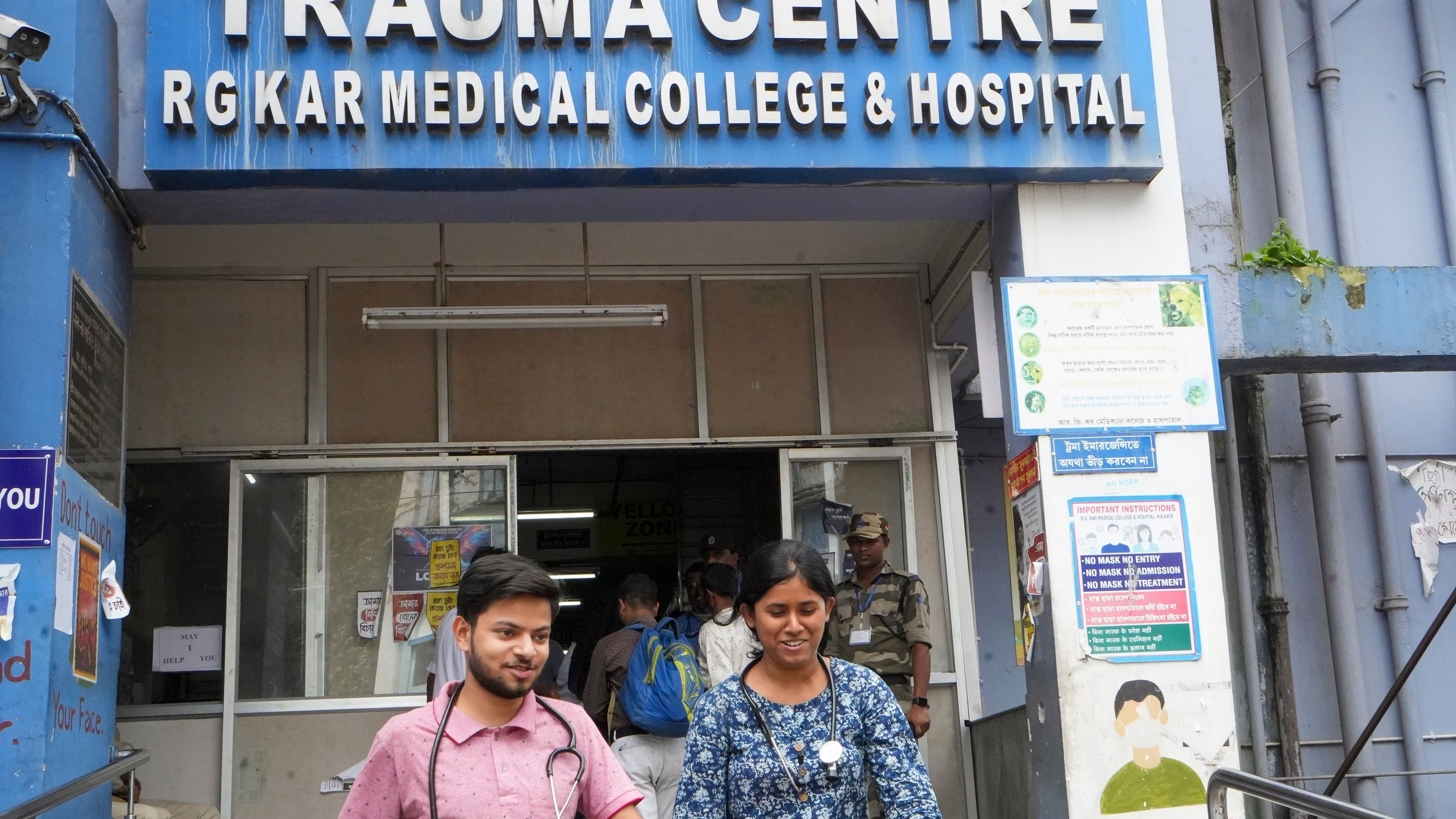 <div class="paragraphs"><p>Kolkata: Junior doctors come out of the trauma centre at RG Kar Medical College and Hospital.</p></div>