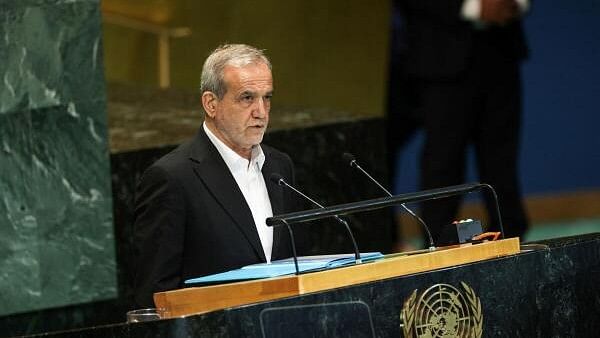 <div class="paragraphs"><p>Masoud Pezeshkian President of Iran addresses the "Summit of the Future" in the General Assembly Hall of the United Nations Headquarters in New York City.</p></div>