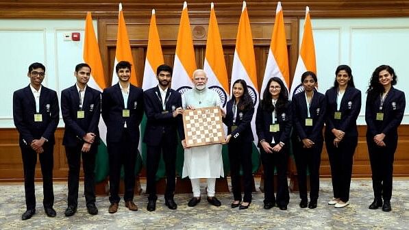 <div class="paragraphs"><p>Prime Minister Narendra Modi during an interaction with 45th FIDE Chess Olympiad winning Indian teams, at his residence, in New Delhi, Wednesday, September 25, 2024. India won gold medals in both Open and Women's events of the Olympiad. </p></div>