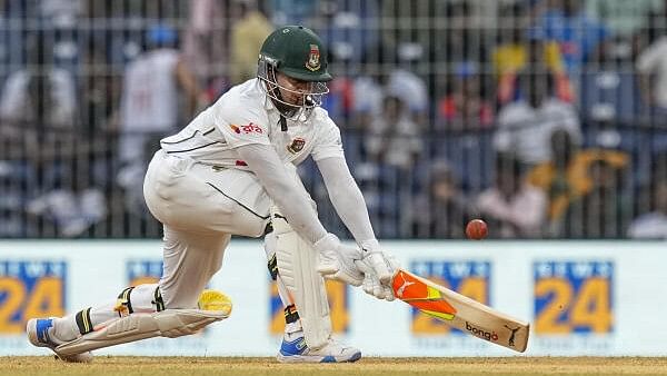 <div class="paragraphs"><p>Bangladesh's Shakib Al Hasan plays a shot on the third day of the first test cricket match between India and Bangladesh, at the MA Chidambaram Stadium, in Chennai, Saturday, Sept. 21, 2024. </p></div>