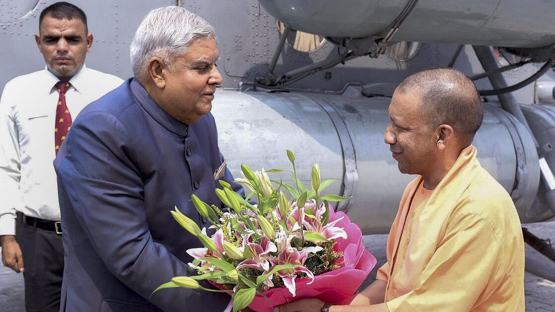 <div class="paragraphs"><p>Vice President Jagdeep Dhankhar being welcomed by Uttar Pradesh CM Yogi Adityanath in Lucknow.</p></div>