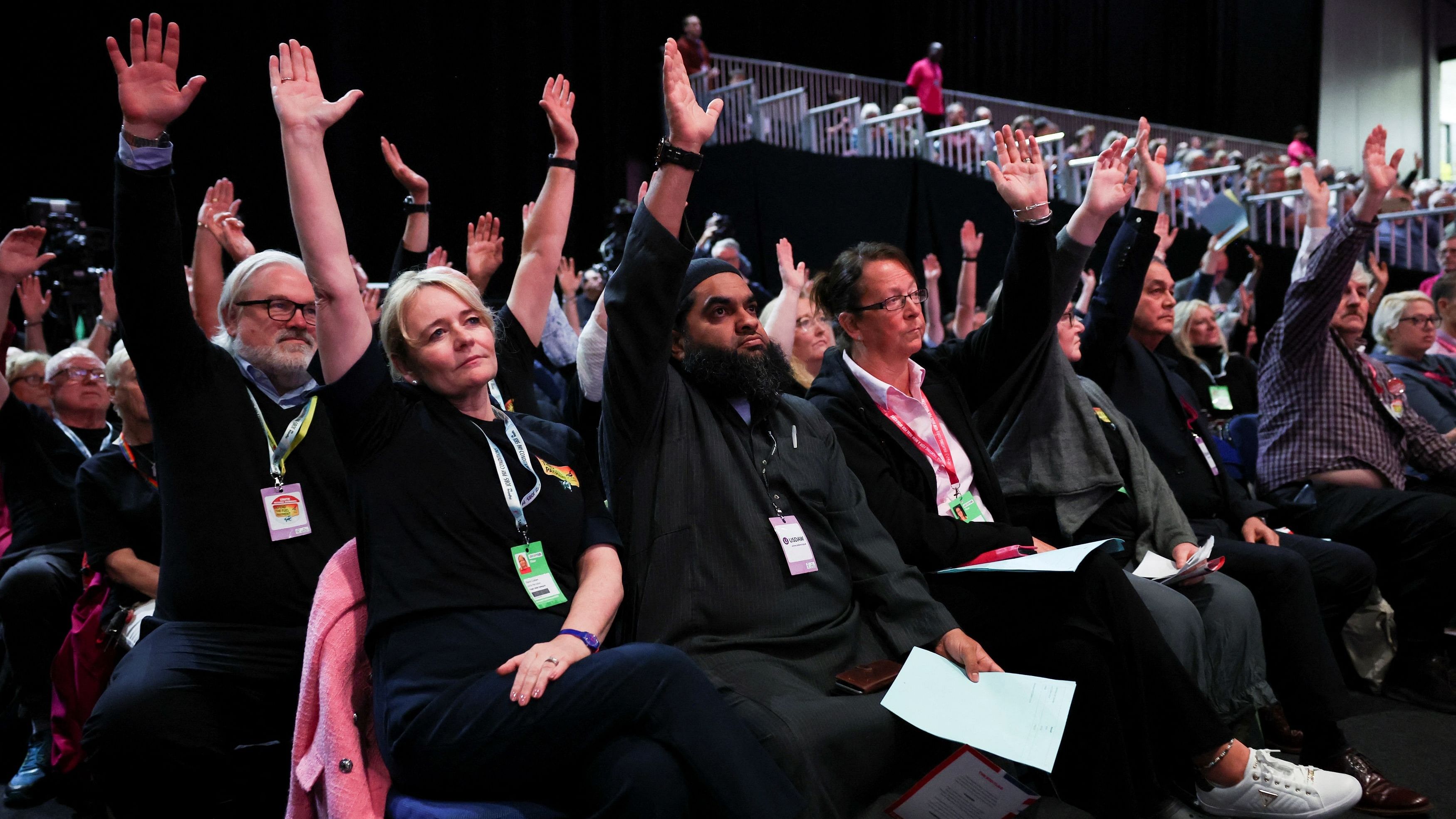 <div class="paragraphs"><p>Sharon Graham, general secretary of Unite the Union, votes with other union members at the Britain's Labour Party's annual conference in Liverpool, Britain, September 25, 2024. </p></div>