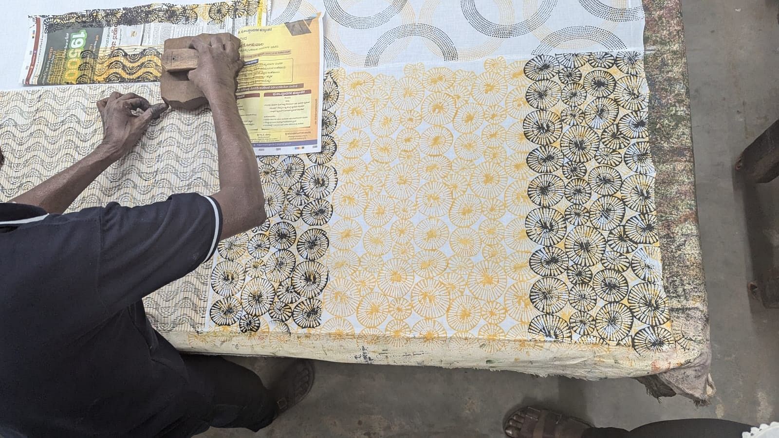 The linoleum prints were carved into wood blocks at Tharangini Studio in Bengaluru. 