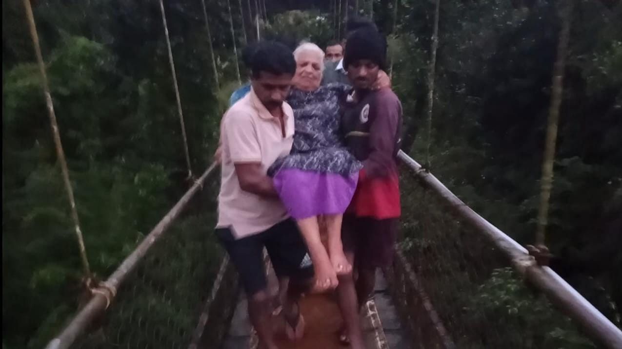 <div class="paragraphs"><p>An elderly lady was shifted to hospital through the hanging bridge across Bhadra River in Kalasa, on Wednesday.</p></div>