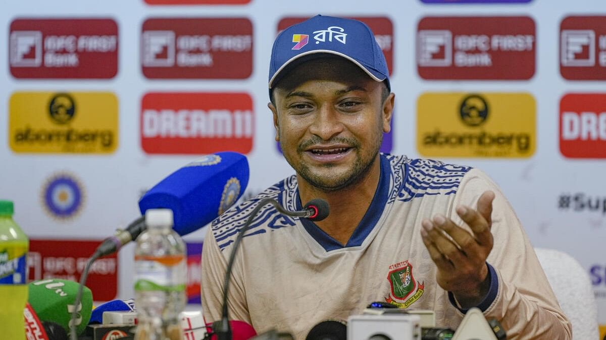 <div class="paragraphs"><p>Bangladesh all-rounder Shakib Al Hasan addresses a press conference ahead of the 2nd cricket Test match between India and Bangladesh at the Green Park Stadium, in Kanpur, Thursday, September 26, 2024.</p></div>