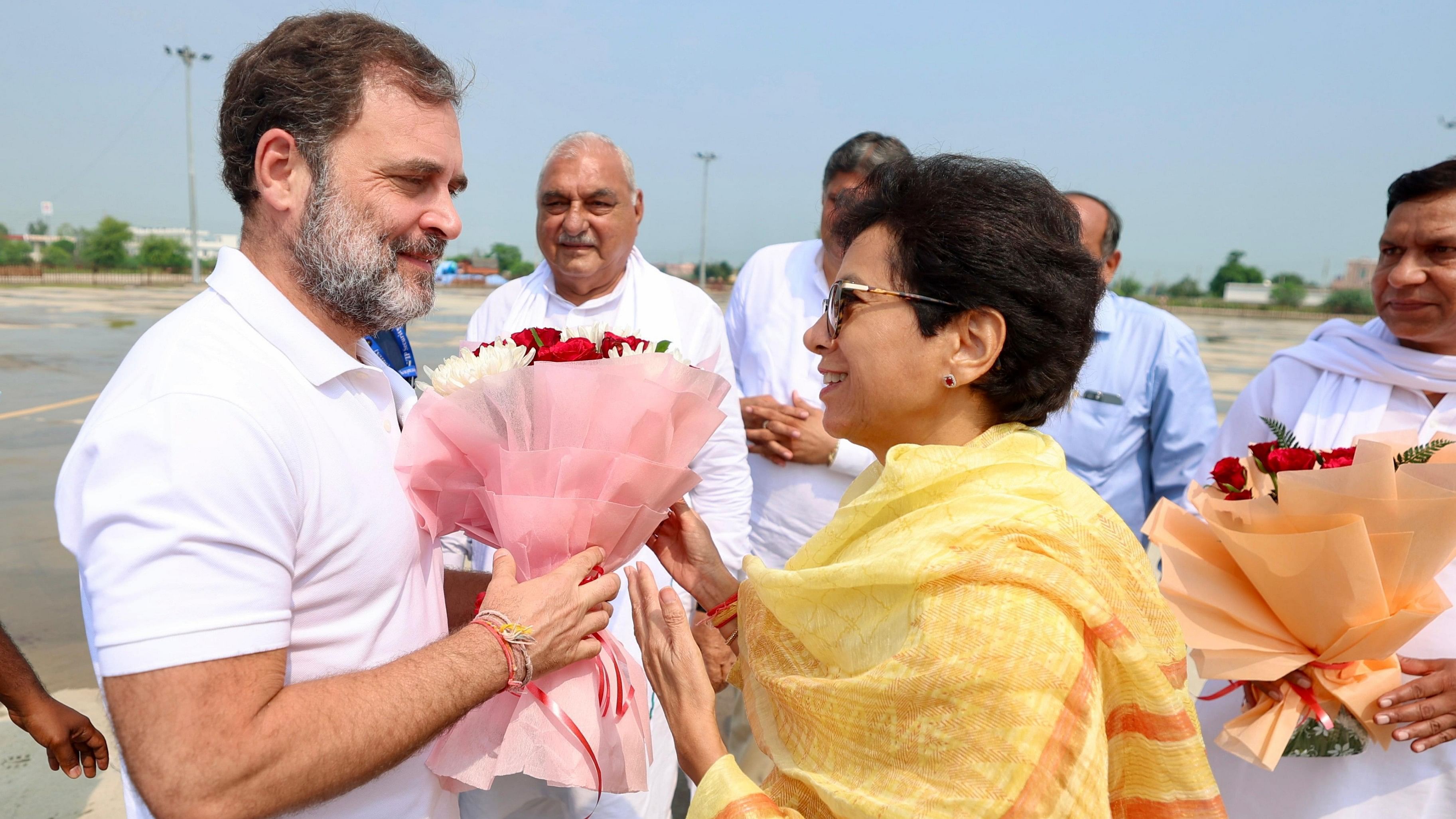 <div class="paragraphs"><p>Kumari Selja seen here greeting Rahul Gandhi during his Haryana poll campaign</p></div>