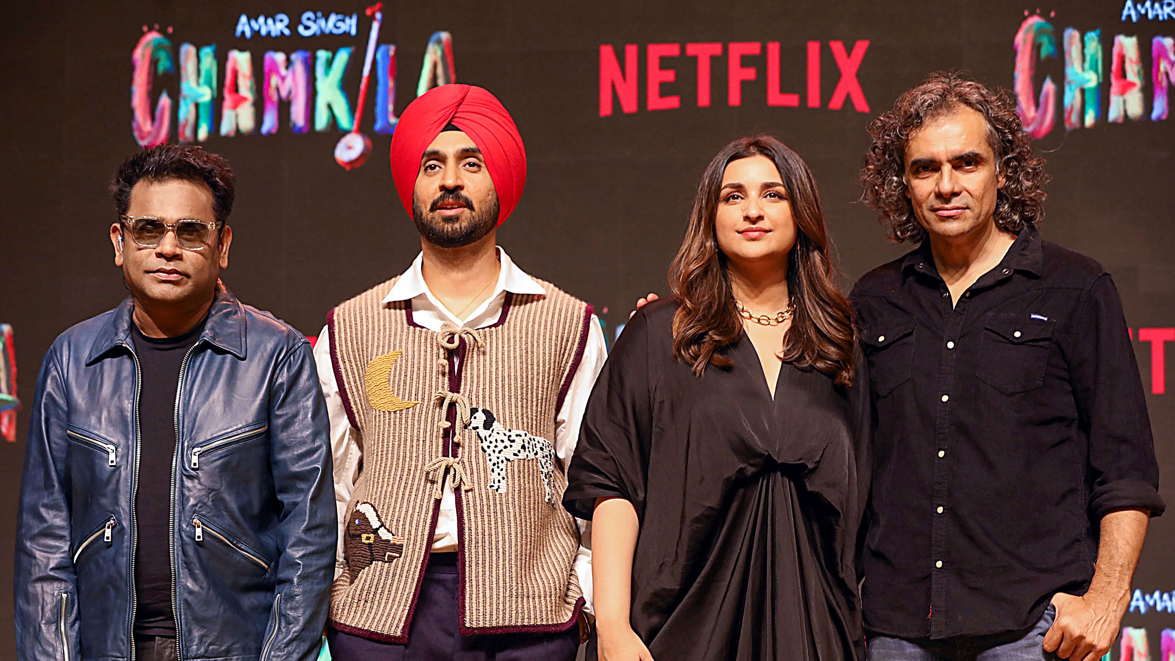 <div class="paragraphs"><p>Film producer and director Imtiyaz Ali; music composer &amp; singer A R Rahman; singer, songwriter, actor Diljit Dosanjh; actor Parineeti Chopra during the trailer launch of Netflix film 'Amar Singh Chamkila'.</p></div>