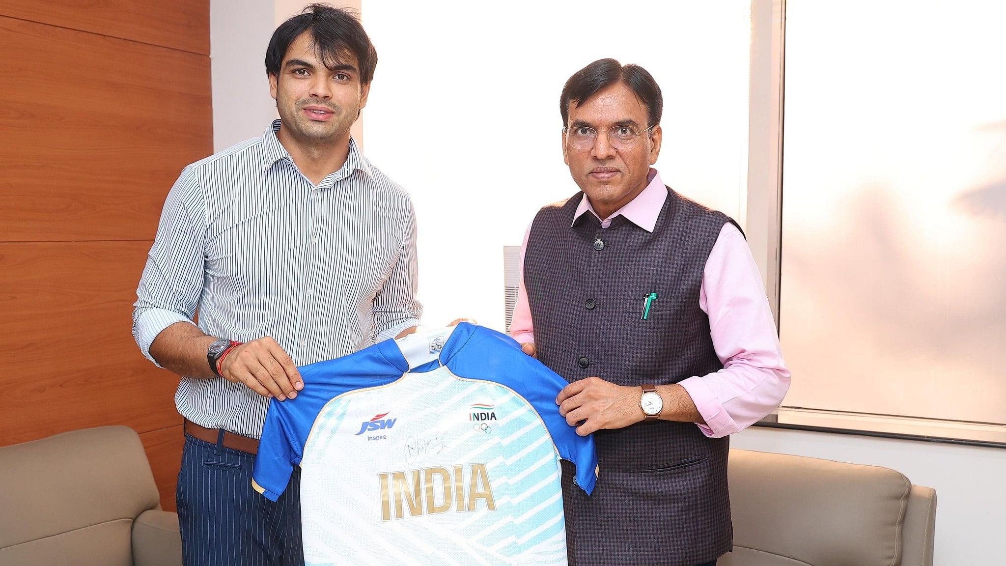 <div class="paragraphs"><p>Sports Minister Mansukh Mandaviya meets India's&nbsp;javelin thrower Neeraj Chopra.</p></div>