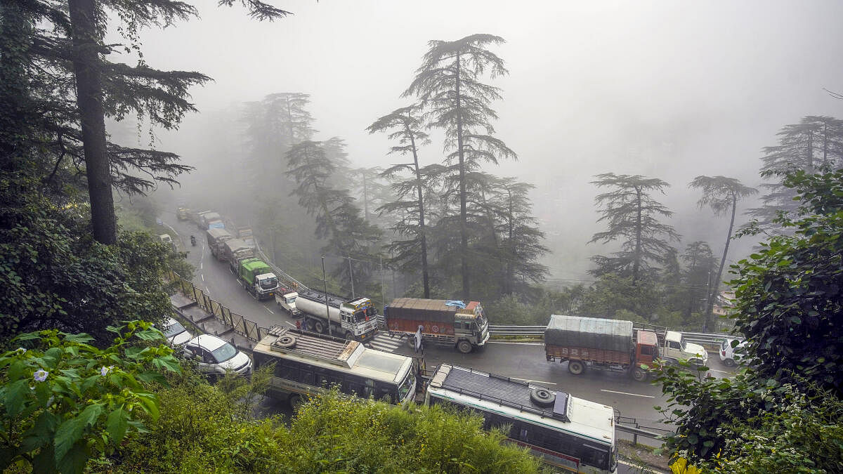 <div class="paragraphs"><p>Vehicles stuck in a jam after a road blocked by a tree that uprooted due to heavy rainfall, in Shimla, Himachal Pradesh.</p></div>