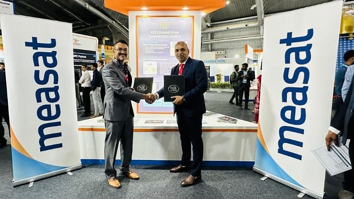 <div class="paragraphs"><p>Ganendra Selvaraj (L), Chief Commercial Officer, MEASAT exchanging the signed Collaboration Agreement with (right) Radhakrishnan Durairaj, Chairman and Managing Director, NewSpace India Ltd at the Bengaluru Space Expo 2024.</p></div>