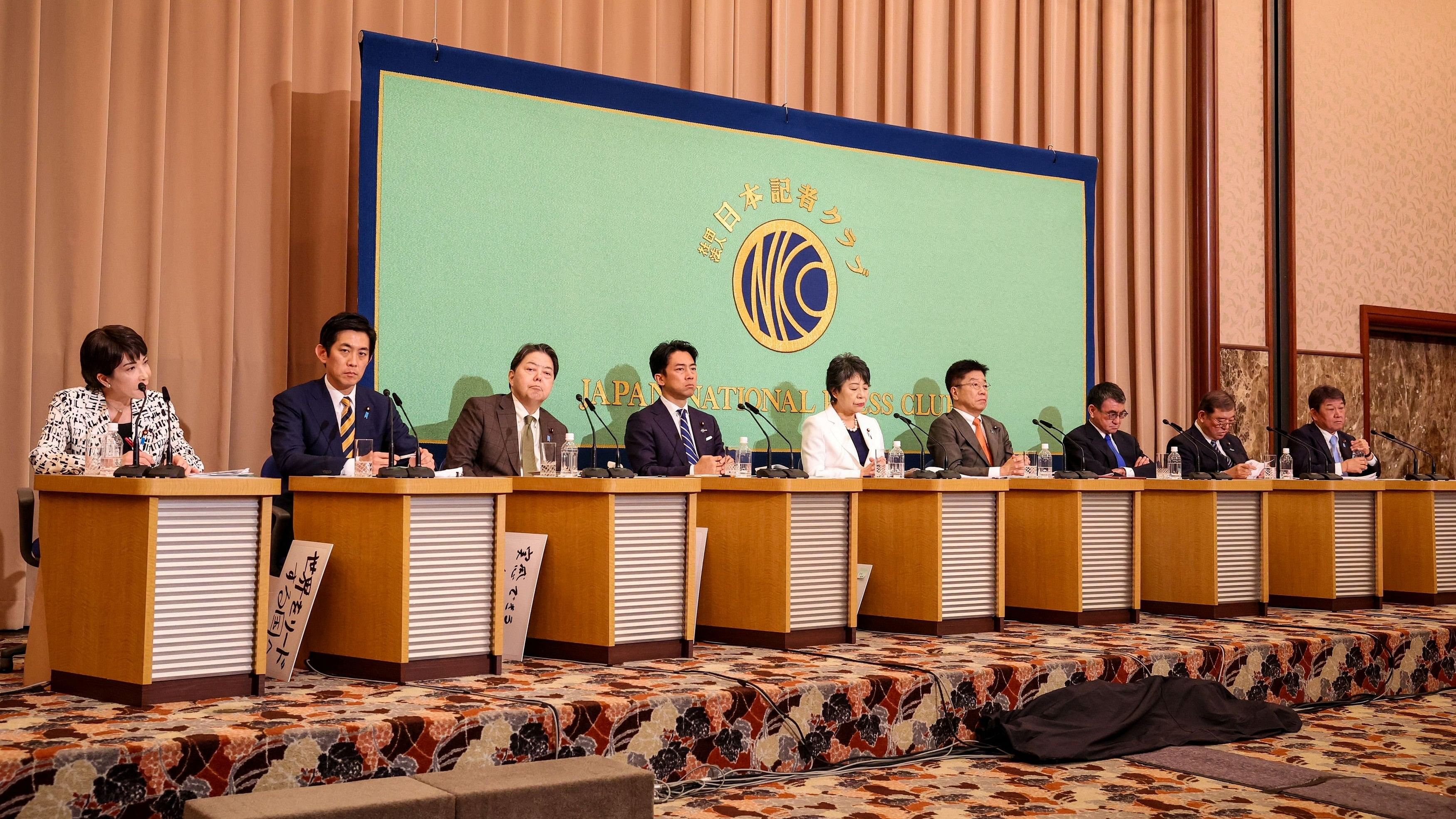 TOKYO, JAPAN - SEPTEMBER 14: Candidates for Japan’s ruling Liberal Democratic Party’s  Economic Security Minister Sanae Takaichi, former economic security minister Takayuki Kobayashi, Chief Cabinet Secretary Yoshimasa Hayashi, former environment minister Shinjiro Koizumi, Foreign Minister Yoko Kamikawa, former chief cabinet secretary Katsunobu Kato, Digital Minister Taro Kono, former defence minister Shigeru Ishiba and Liberal Democratic Party secretary general Toshimitsu Motegi. The election will determine the party's new president, who is expected to become the next prime minister due to the LDP's majority in the National Diet. This election follows the decision of current Prime Minister Fumio Kishida not to seek re-election.     Takashi Aoyama/Pool via REUTERS