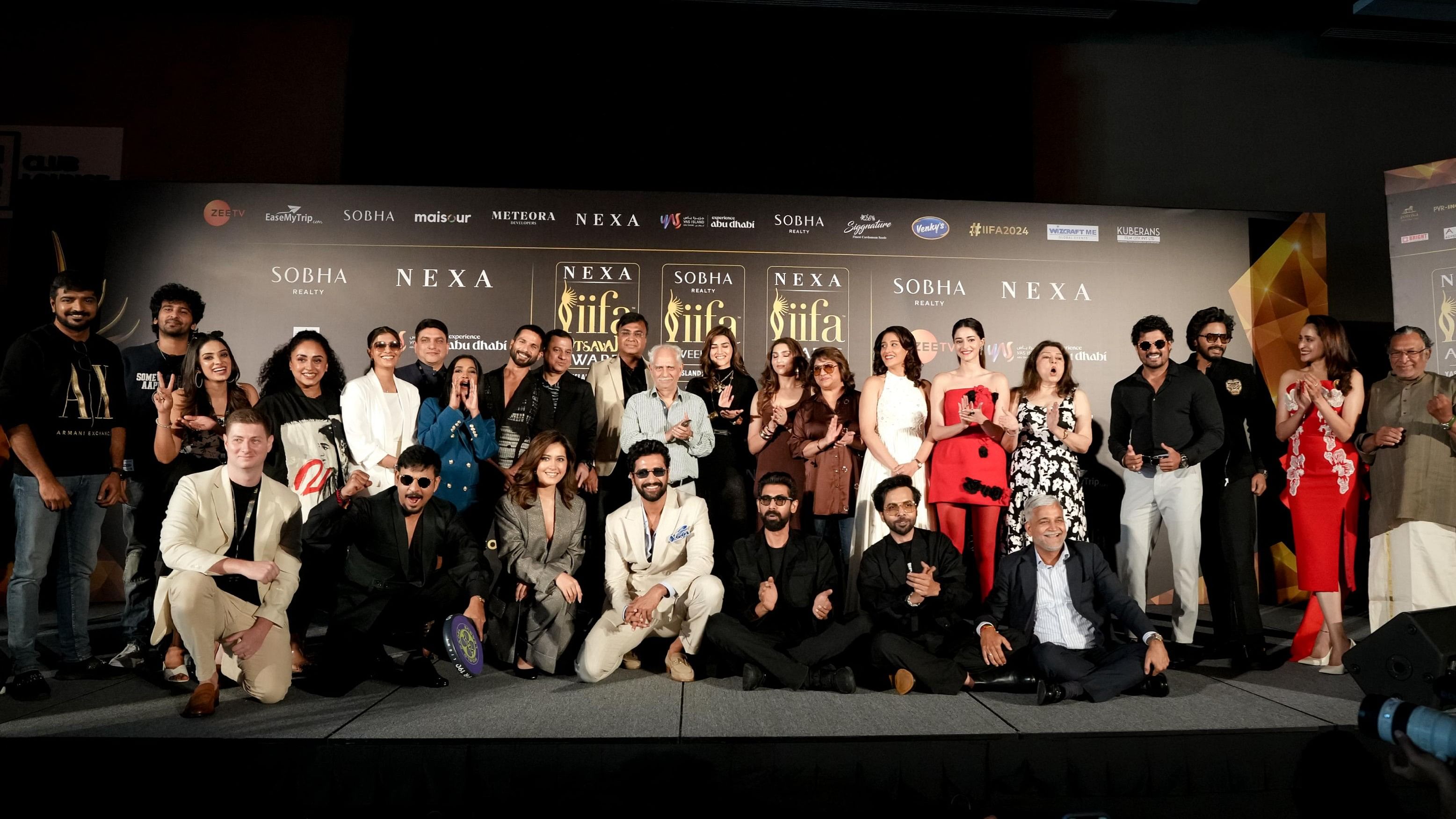 <div class="paragraphs"><p>Stars pose on stage during the IIFA press conference at Yas Island in Abu Dhabi.</p></div>