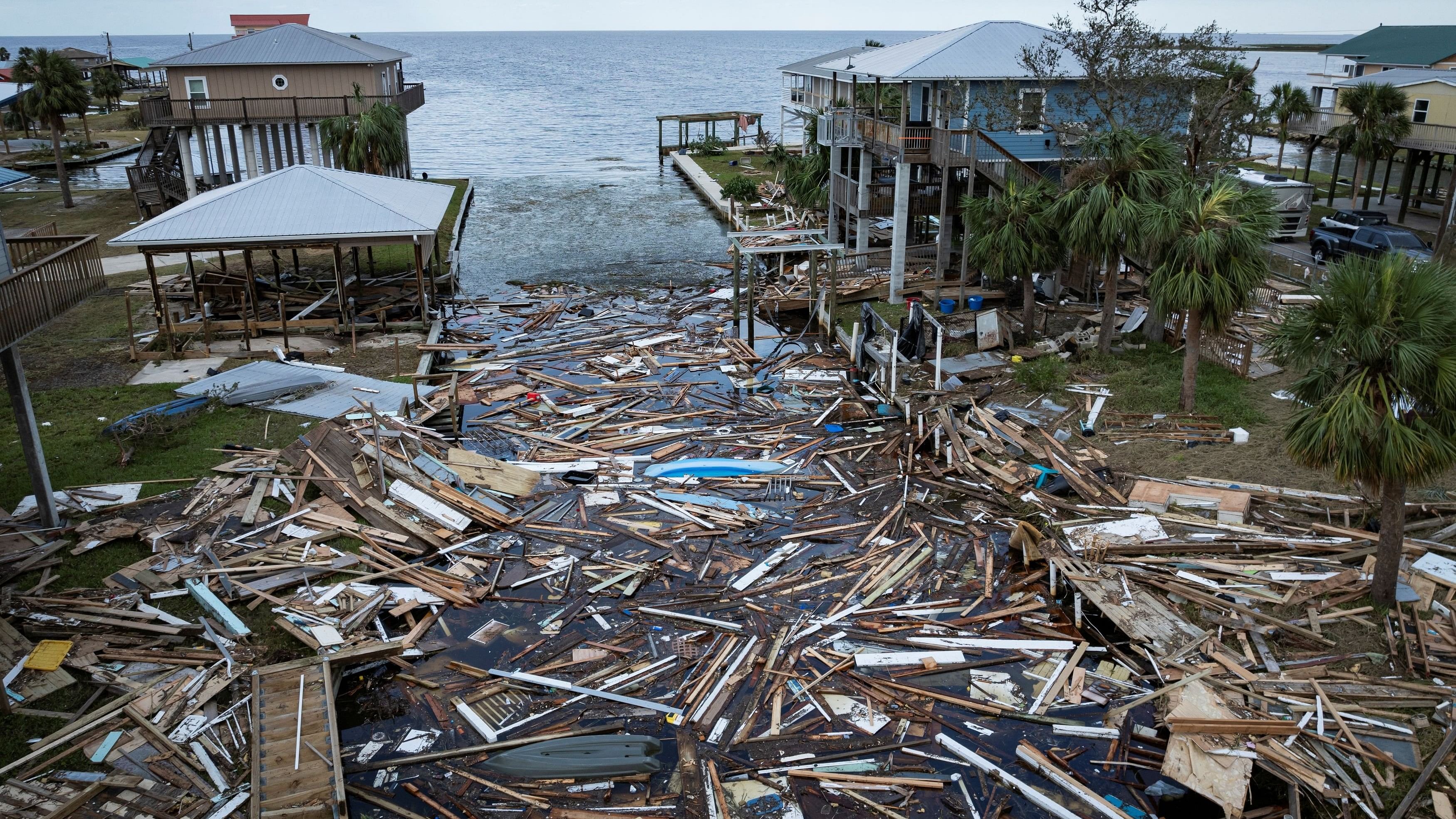 <div class="paragraphs"><p>A drone view shows a flooded and damaged area following Hurricane Helene in Horseshoe Beach, Florida, US, September 28, 2024.  </p></div>