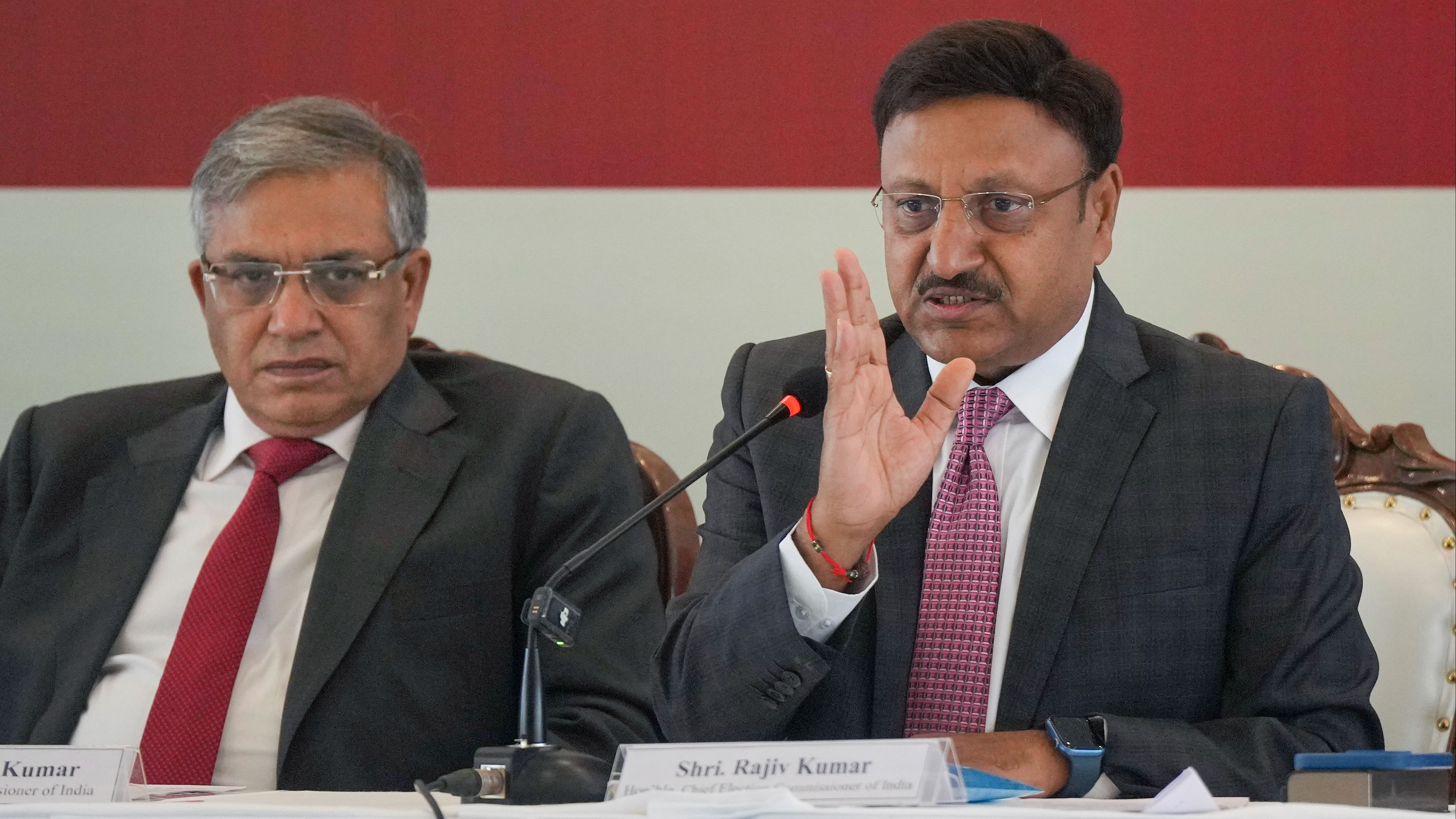 <div class="paragraphs"><p>Chief Election Commissioner Rajiv Kumar with election commissioner Gyanesh Kumar during a press conference regarding Maharashtra Legislative Assembly Elections 2024, in Mumbai, Saturday, Sept 28, 2024</p></div>