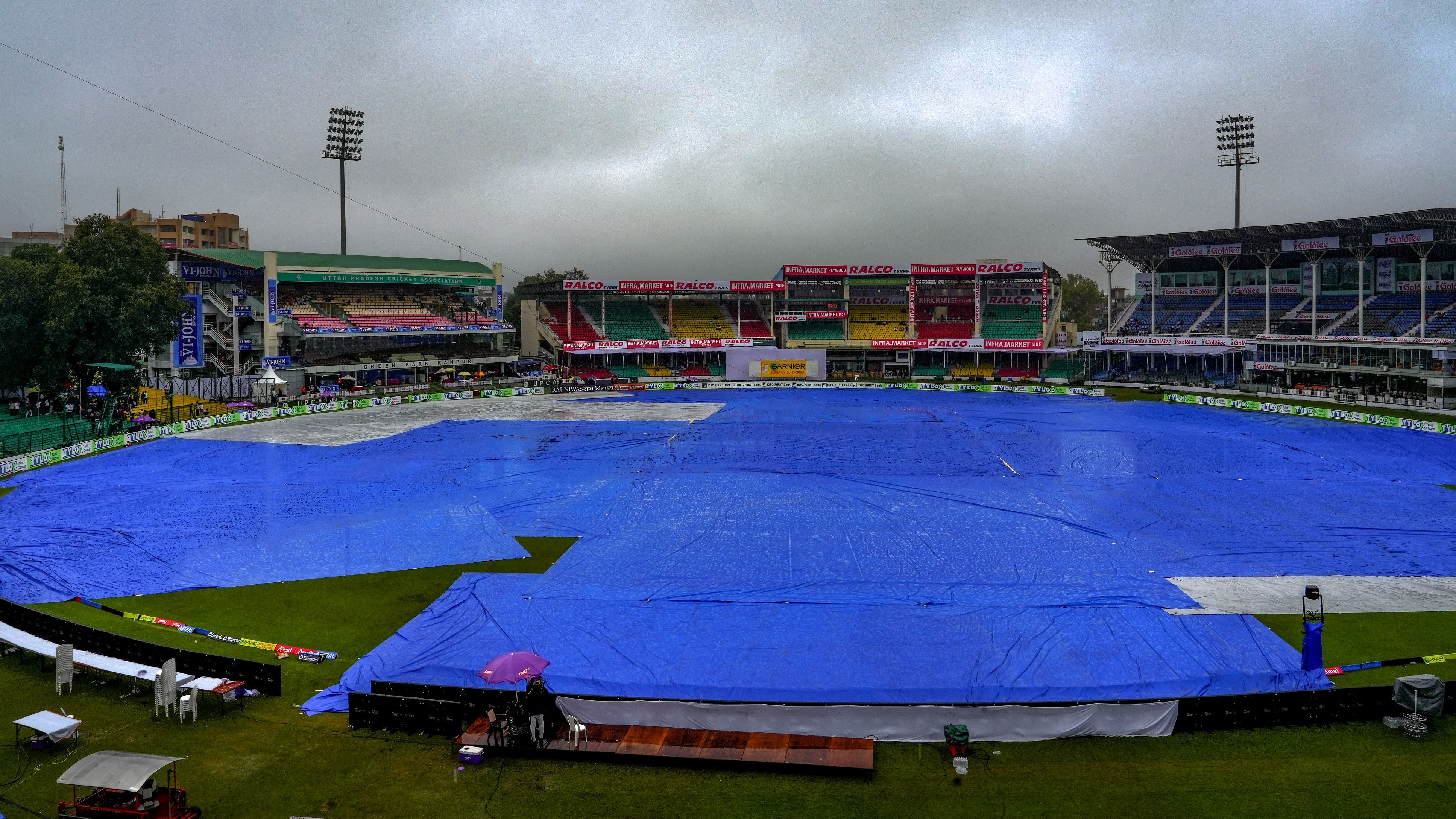 <div class="paragraphs"><p>Covers placed on the ground following rains, during the second day of the 2nd Test cricket match between India and Bangladesh, at the Green Park Stadium, Kanpur, Saturday.</p></div>