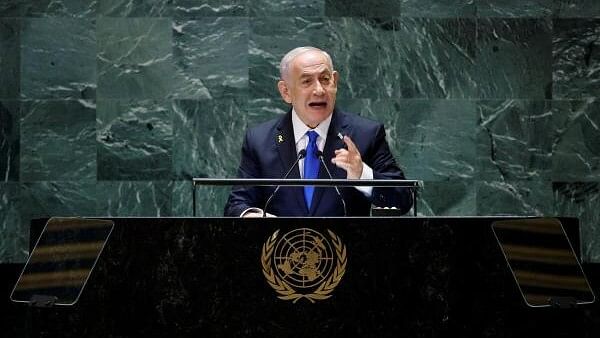 <div class="paragraphs"><p>Israel's Prime Minister Benjamin Netanyahu addresses the 79th United Nations General Assembly at UN headquarters in New York.&nbsp;</p></div>