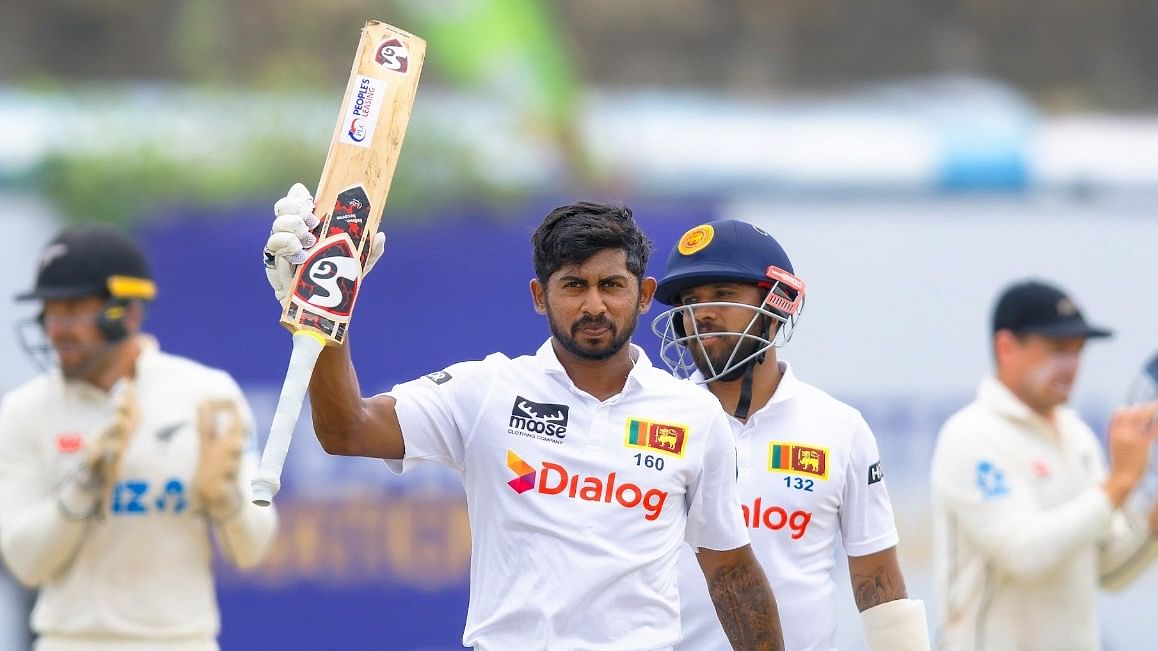 <div class="paragraphs"><p>Kamindu Mendis celebrates after scoring a ton&nbsp;</p></div>