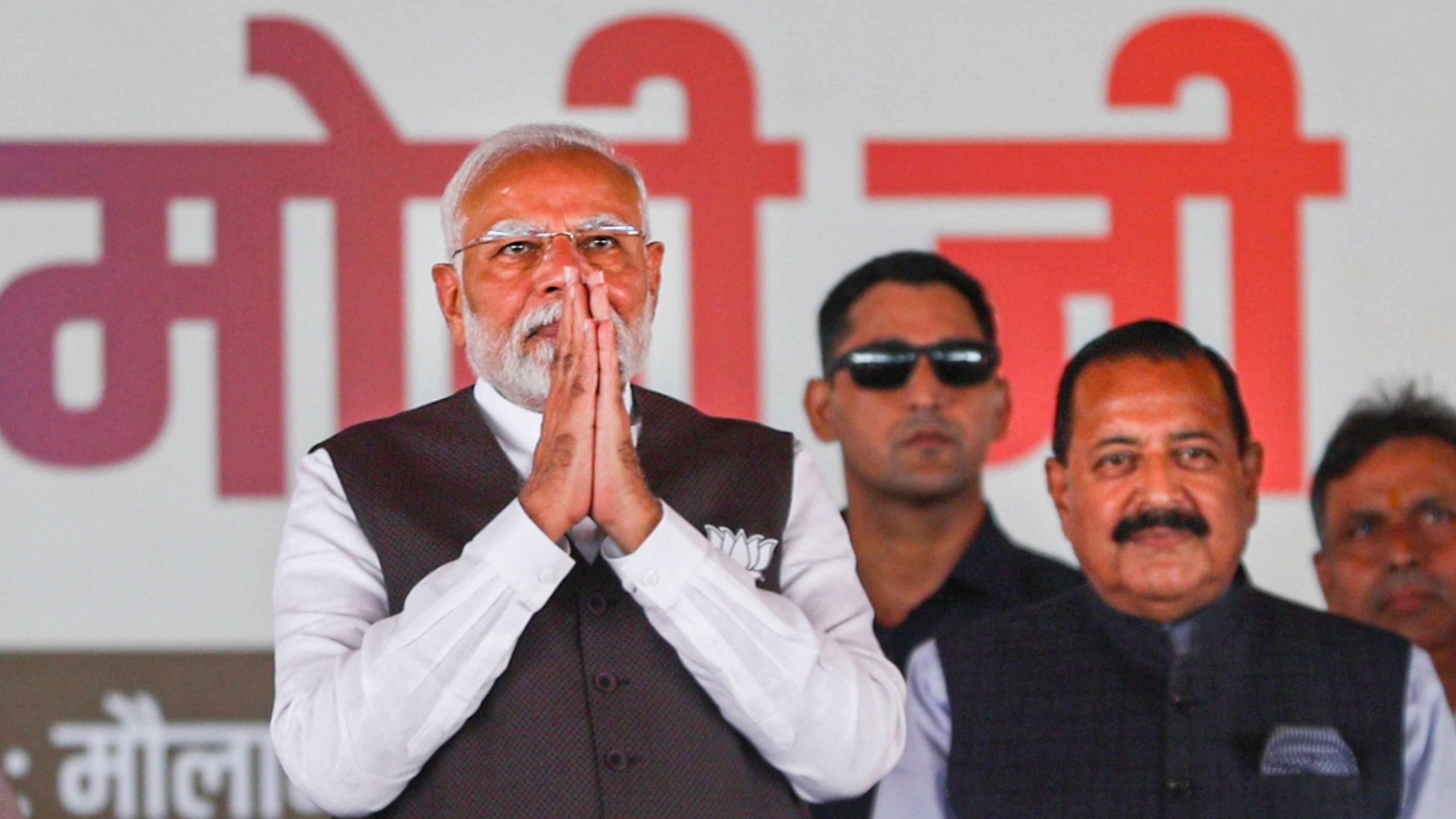 <div class="paragraphs"><p>Prime Minister Narendra Modi with Union MoS Jitendra Singh during a public meeting for Jammu &amp; Kashmir Assembly elections, in Jammu, Saturday, Sept. 28, 2024. </p></div>